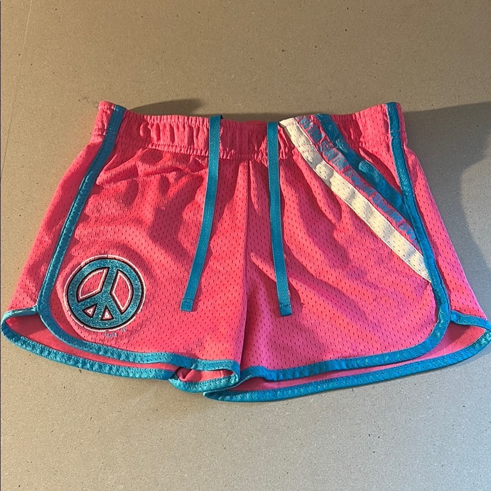 Justice Pink and Blue Athletic Running Shorts with Glitter Peace Sign
